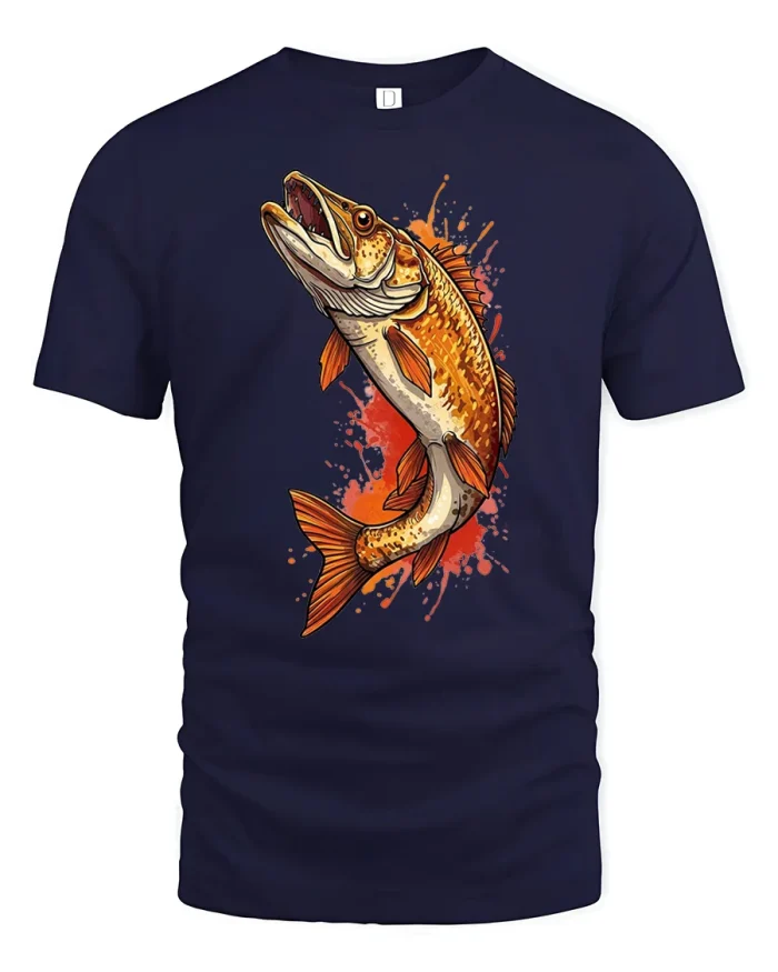 Fierce Jumping Pike Fish Watercolor Splatter Art T-Shirt - navy t-shirt on white background