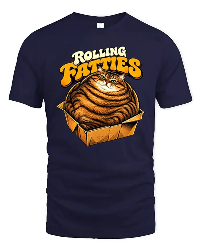 Rolling Fatties Fat Cat In Box Funny Meme T-Shirt - navy t-shirt on white background