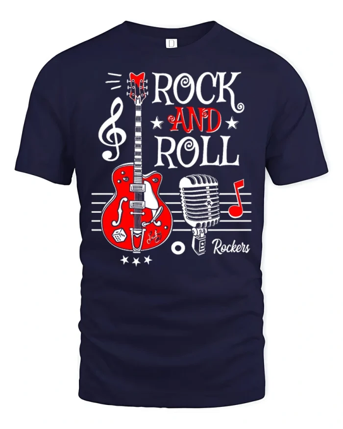 Rock And Roll Music Guitar Retro Typography Art T-Shirt - navy t-shirt on white background