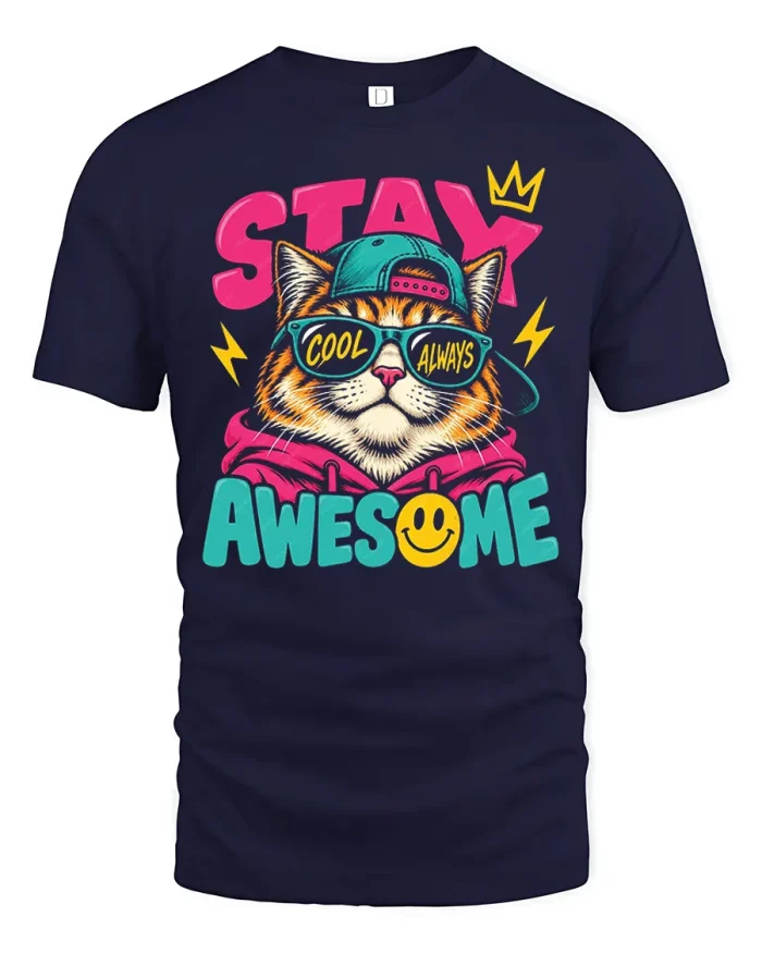 Stay Awesome Cool Cat Sunglasses Graphic Art T-Shirt - navy t-shirt on white background