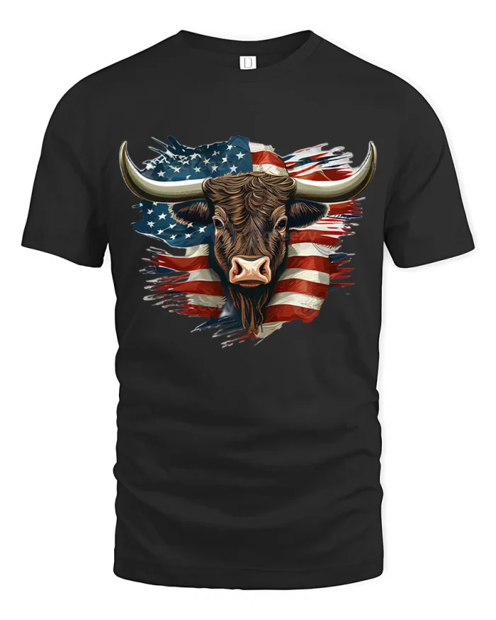 American Flag Bull Longhorn Patriotic Art T-Shirt - black t-shirt on white background