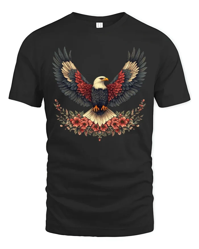 Bald Eagle Floral Wreath Patriotic Art T-Shirt - black t-shirt on white background