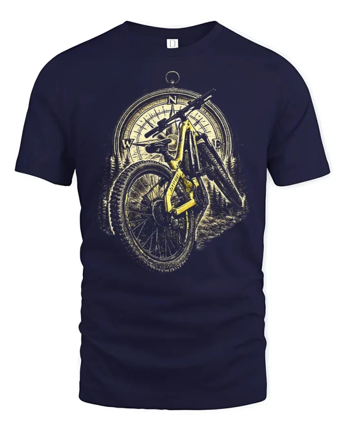 Mountain Bike Compass Adventure Graphic Art T-Shirt - navy t-shirt on white background