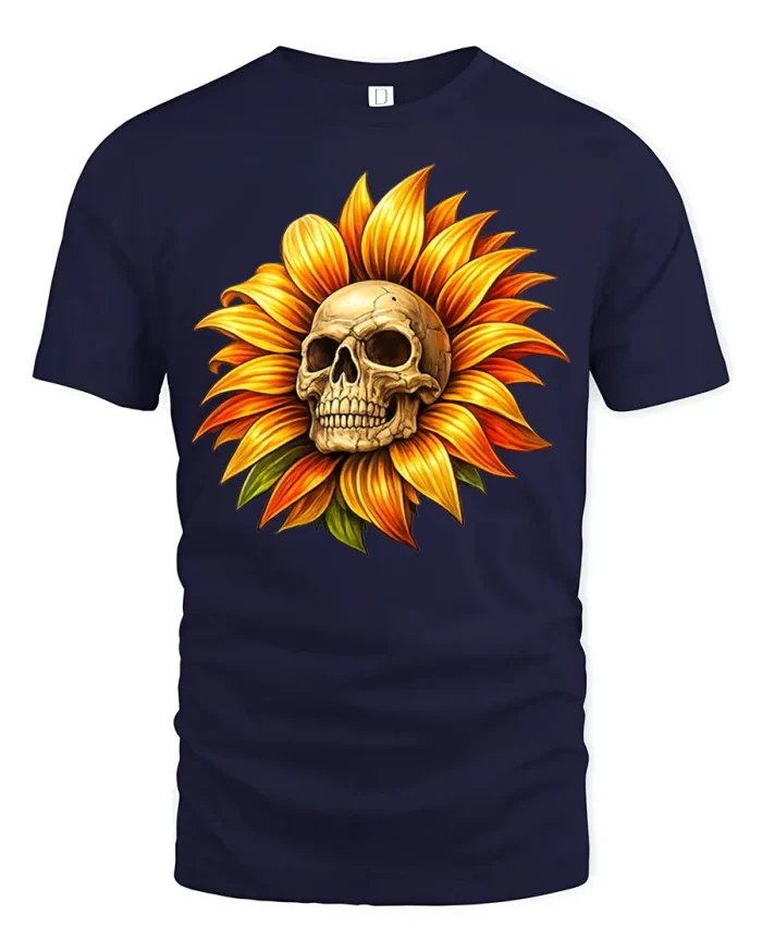 Sunflower Skull Gothic Floral Art Graphic T-Shirt - navy t-shirt on white background