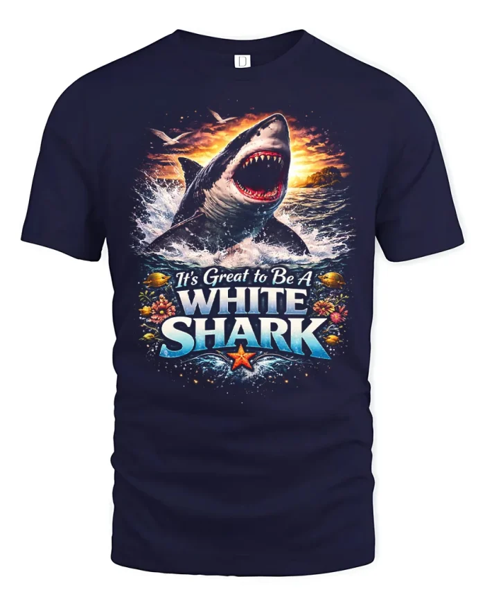 It Is Great To Be A White Shark Oceanic Art T-Shirt - navy t-shirt on white background