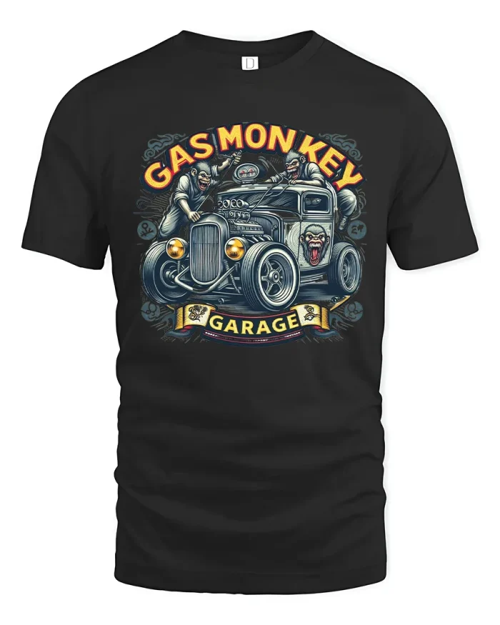 Gas Monkey Garage Hot Rod Rat Rod Art T-Shirt - black t-shirt on white background