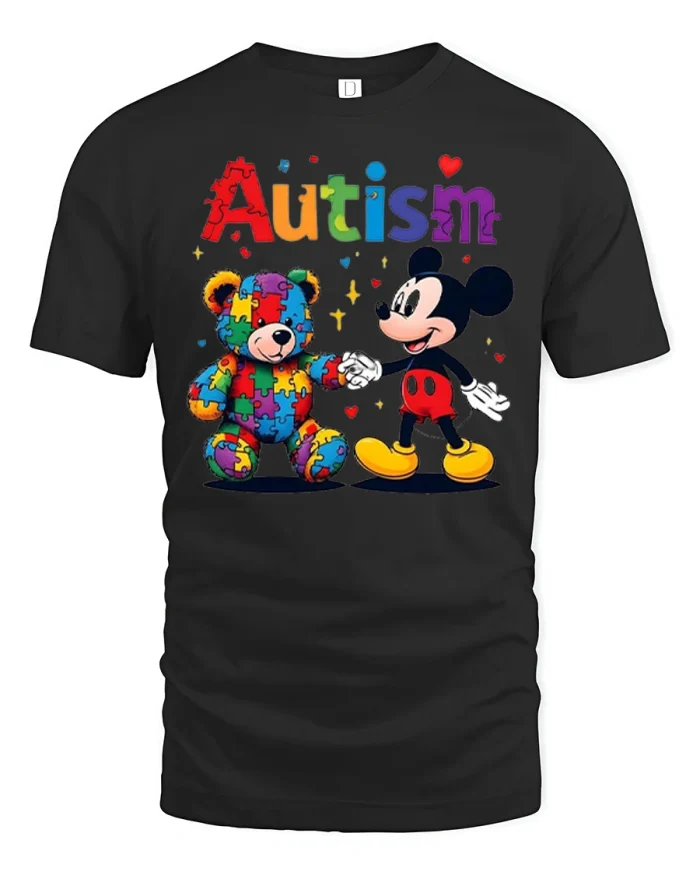 Autism Awareness Mickey Mouse Teddy Bear Art T-Shirt - black t-shirt on white background