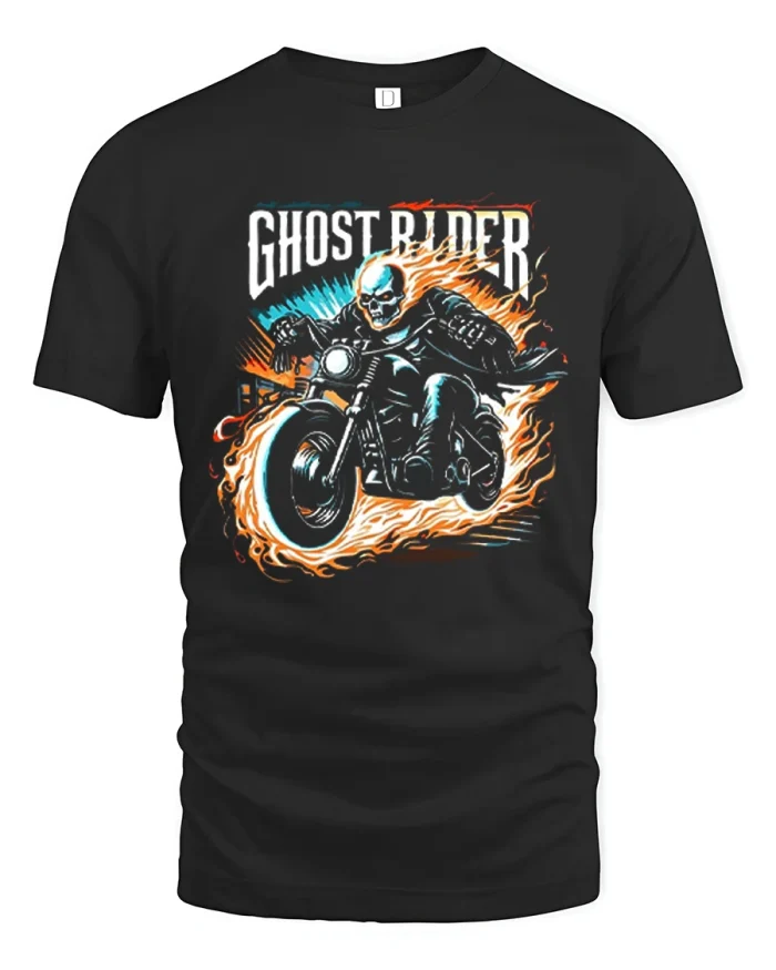 Ghost Rider Flaming Skull Motorcycle Art T-Shirt - black t-shirt on white background