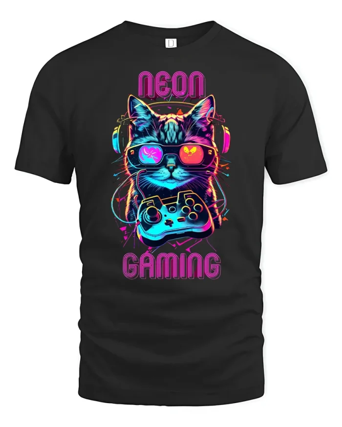Neon Gaming Cat With Controller And Glasses T-Shirt - black t-shirt on white background