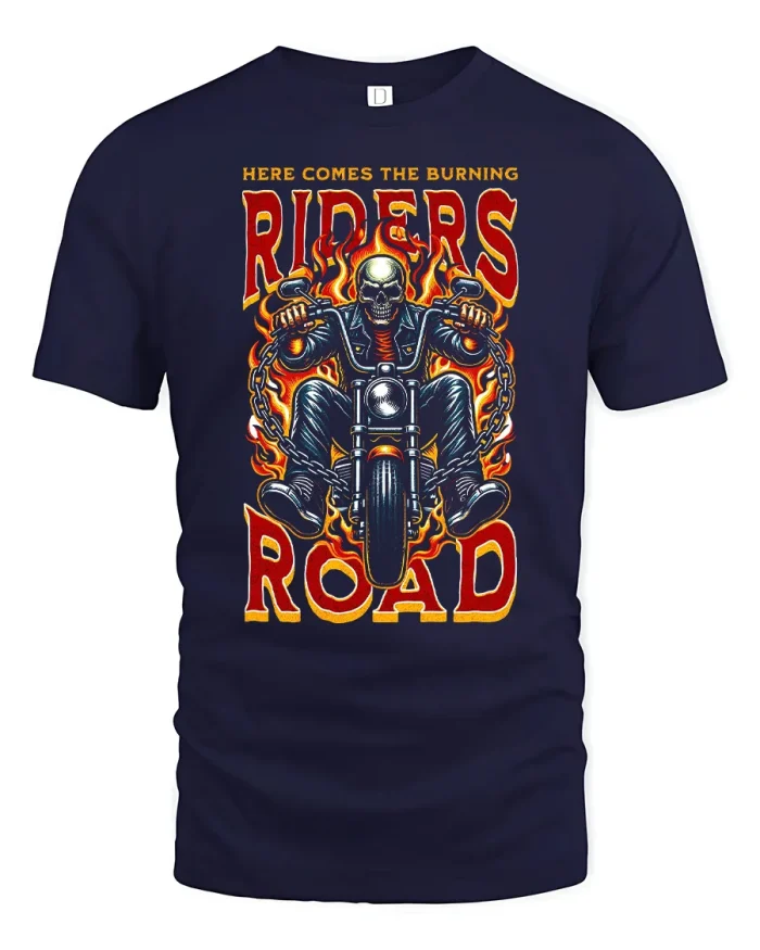 Here Comes The Burning Riders Road Flame Art T-Shirt - navy t-shirt on white background