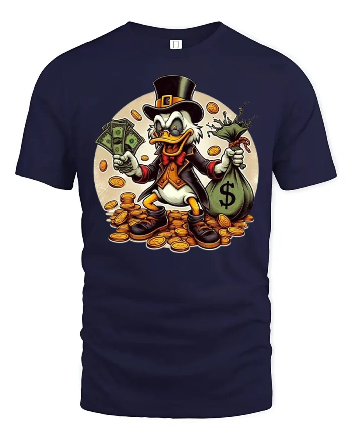 Rich Duck Money Bag Wealth Art Graphic T-Shirt - navy t-shirt on white background