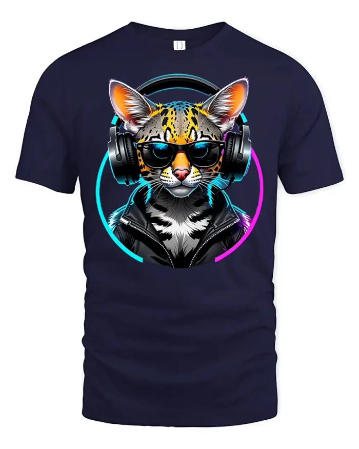 Cool Cyberpunk DJ Cat With Headphones Art T-Shirt - navy t-shirt on white background