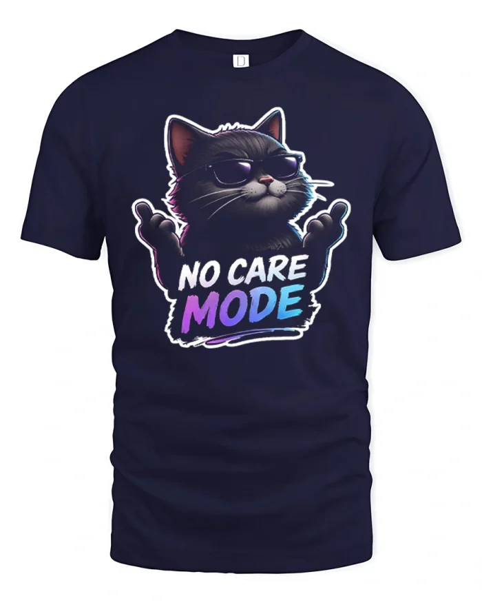 No Care Mode Funny Black Cat Middle Finger T-Shirt - navy t-shirt on white background