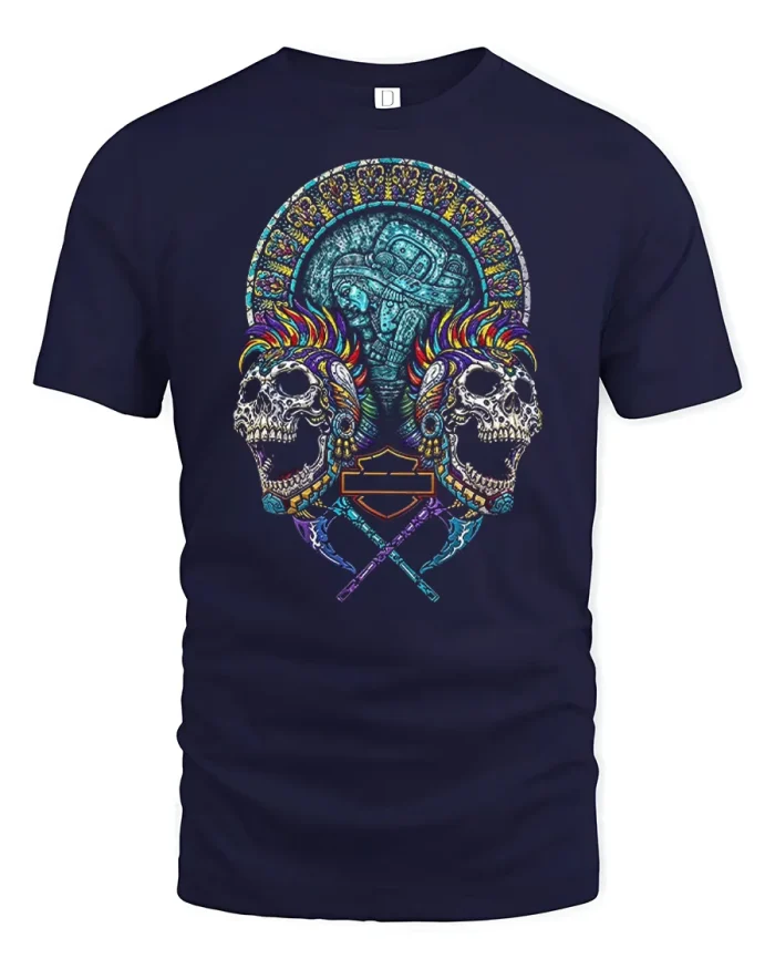 Aztec Tribal Skull Stained Glass Art Graphic T-Shirt - navy t-shirt on white background
