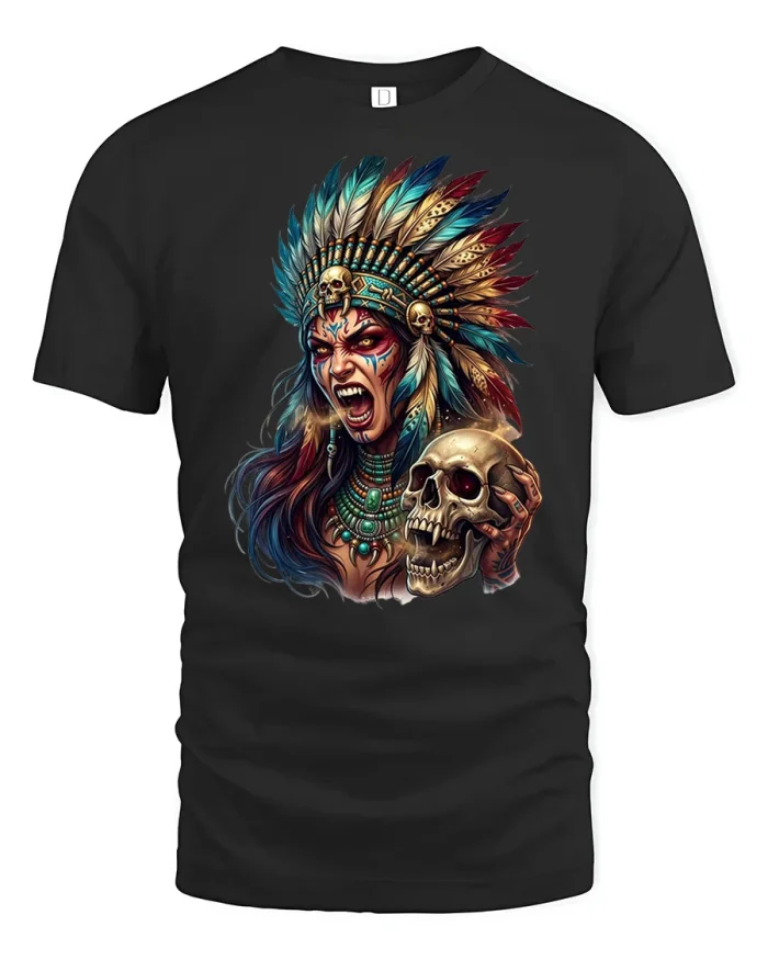 Tribal Warrior Woman Feather Headdress Skull Art T-Shirt - black t-shirt on white background