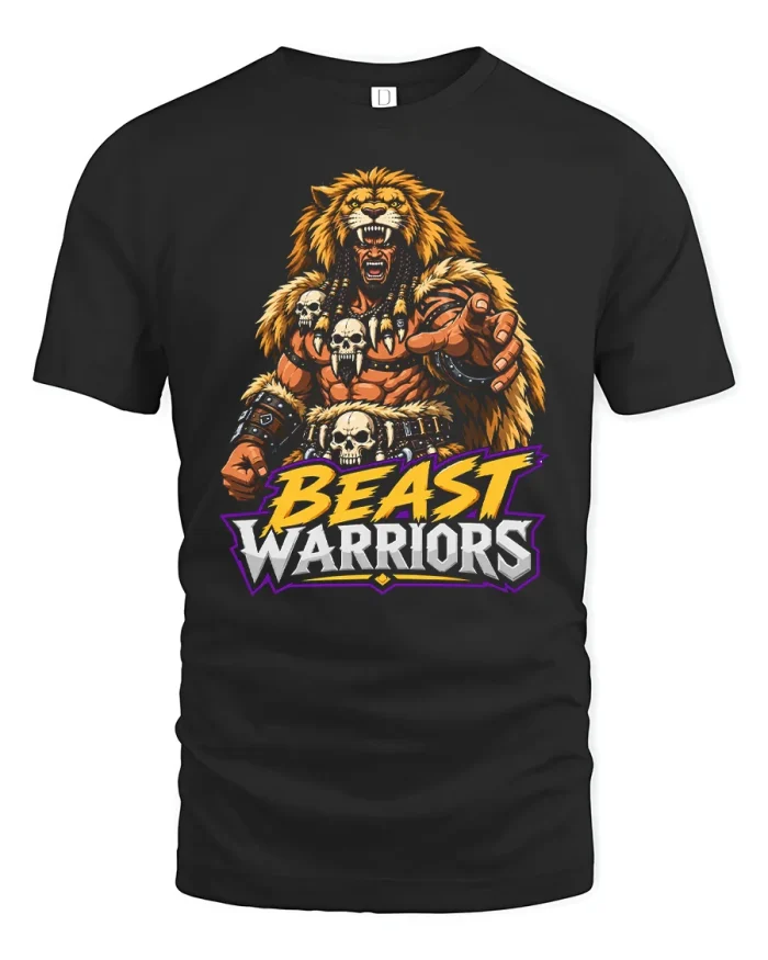Beast Warriors Lion Tribal Skull Fantasy Art T-Shirt - black t-shirt on white background