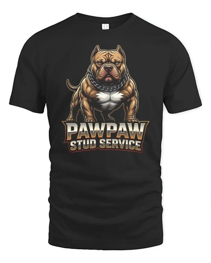 Pawpaw Stud Service Muscular Pitbull Dog Art T-Shirt - black t-shirt on white background