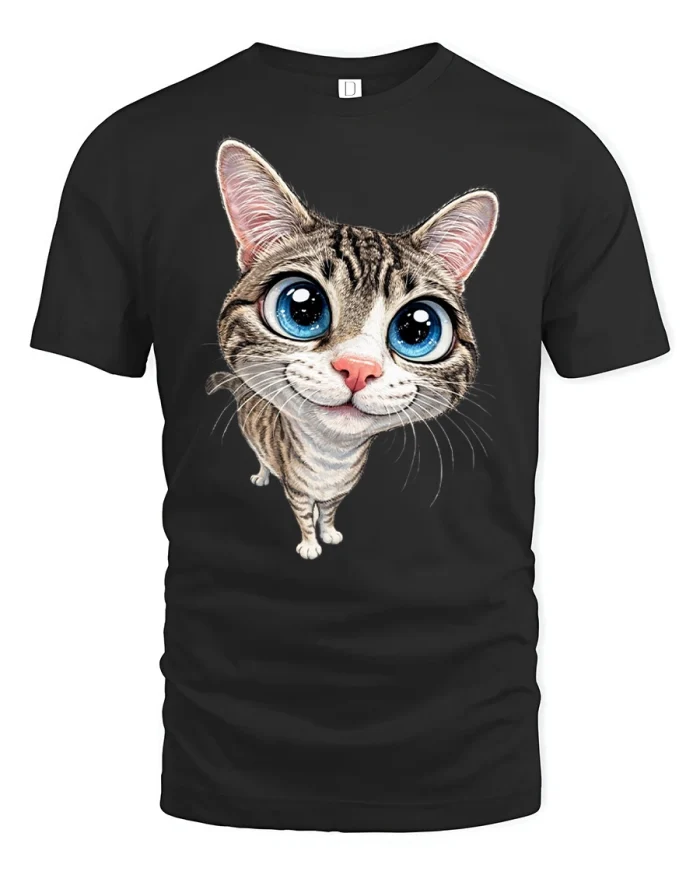 Big Blue Eyes Cute Tabby Cat Smiling Art T-Shirt - black t-shirt on white background