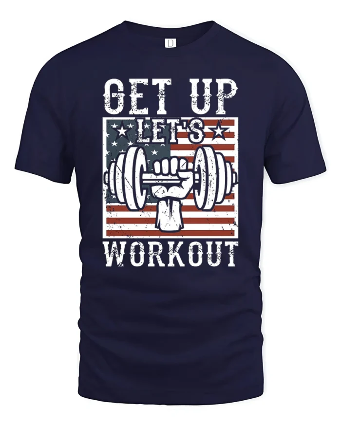 Get Up Lets Workout American Flag Gym T-Shirt - navy t-shirt on white background