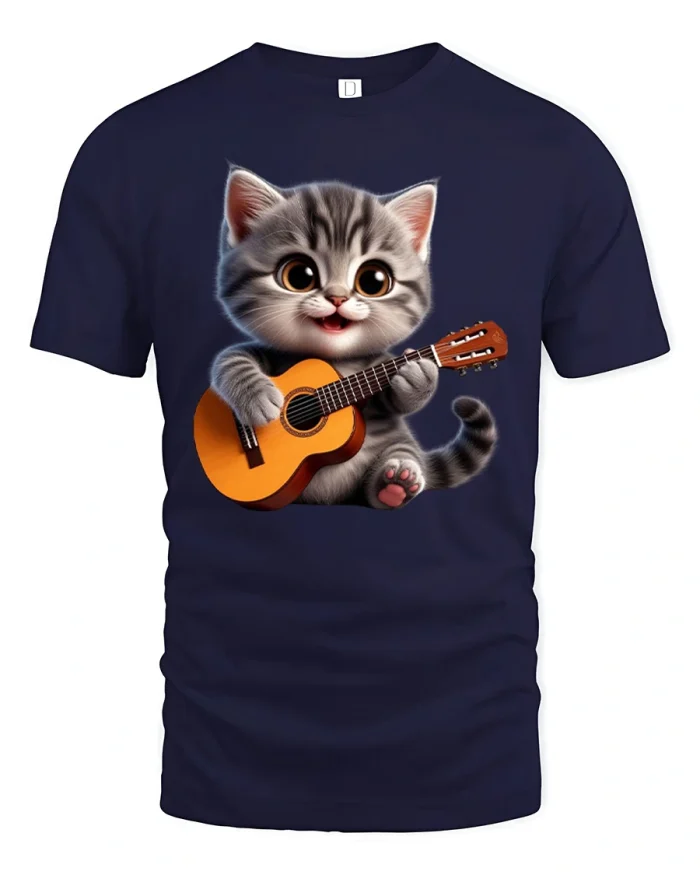 Cute Kitten Playing Guitar Musician Cat Art T-Shirt - navy t-shirt on white background