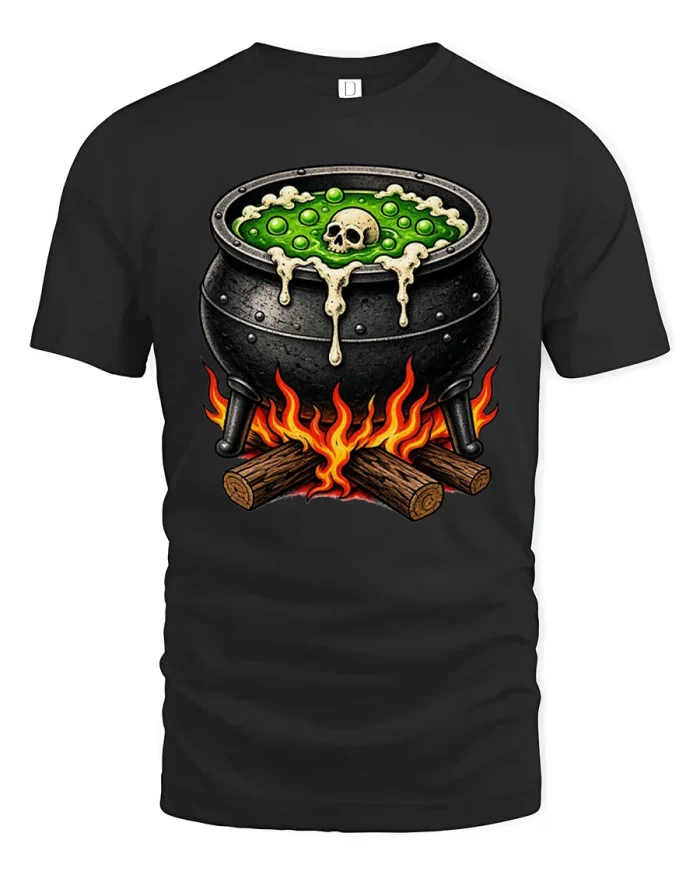 Spooky Witch Cauldron Boiling Poison Skull Art T-Shirt - black t-shirt on white background