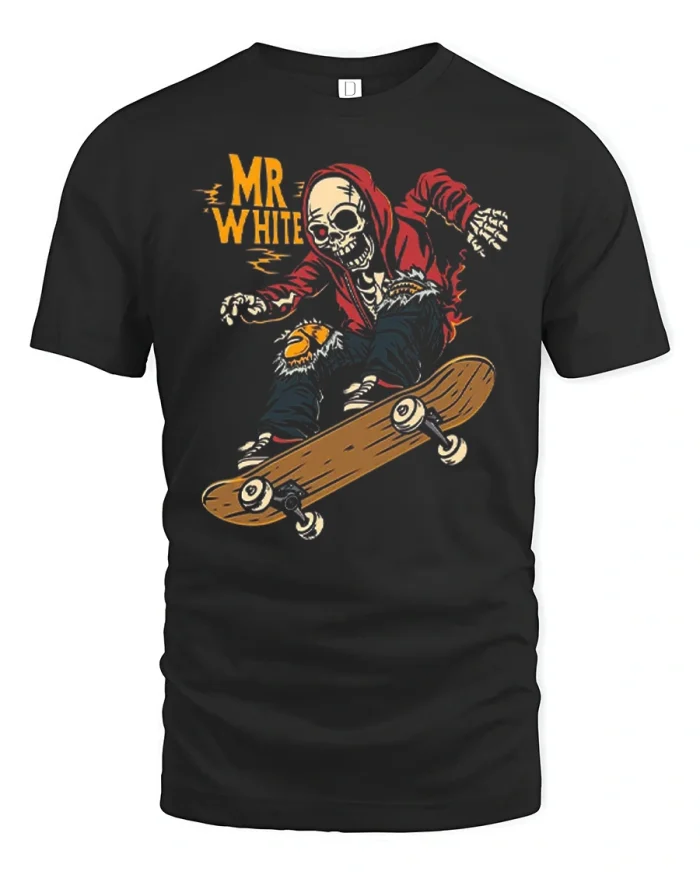 Mr White Skeleton Skateboarder Skate Art T-Shirt - black t-shirt on white background
