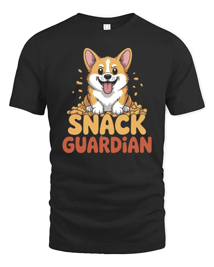 Snack Guardian Funny Corgi Dog Food Lover Art T-Shirt - black t-shirt on white background