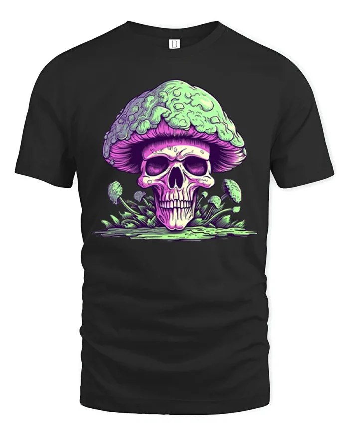 Trippy Purple Skull Mushroom Cap Art T-Shirt - black t-shirt on white background