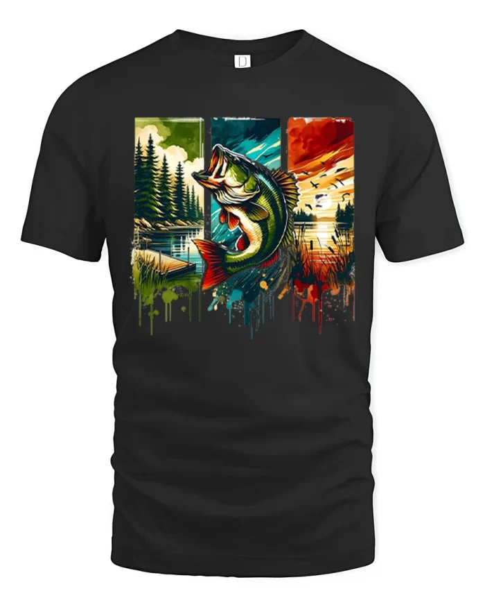 Colorful Bass Fish Jumping Nature Sunset Art T-Shirt - black t-shirt on white background