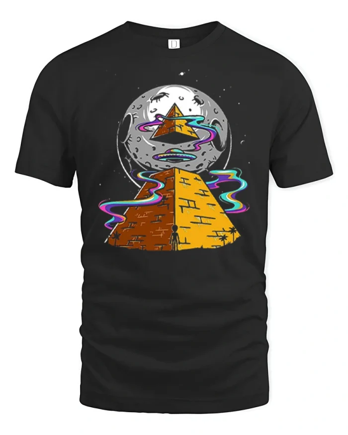 Trippy Pyramids And Moon Space Art T-Shirt - black t-shirt on white background