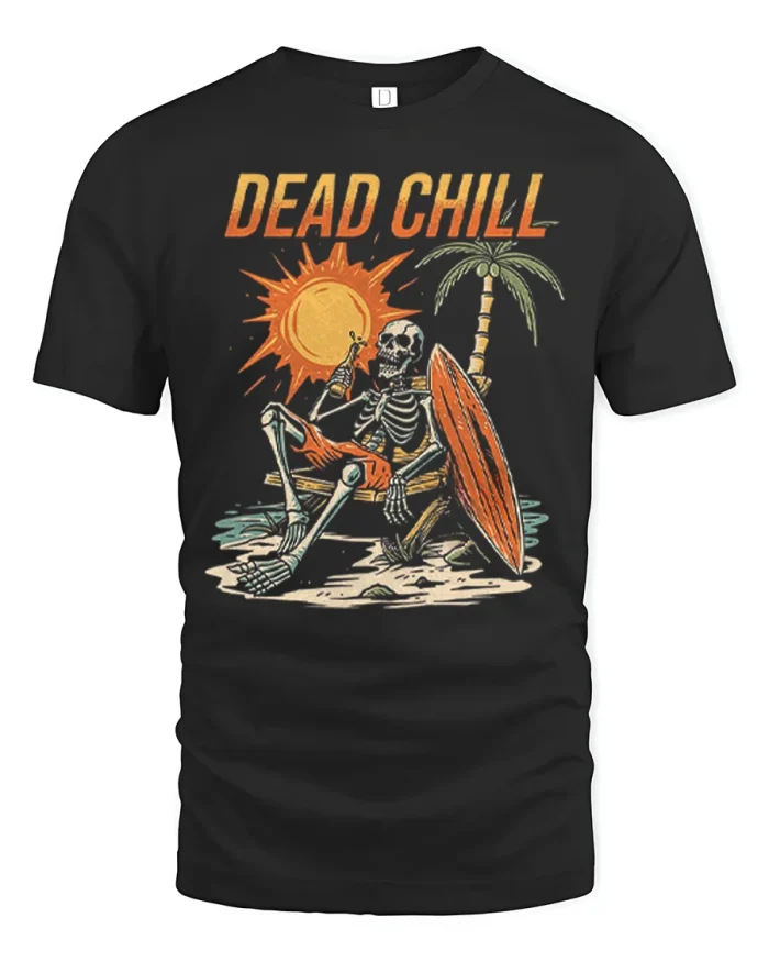Dead Chill Skeleton Beach Vacation Retro Art T-Shirt - black t-shirt on white background