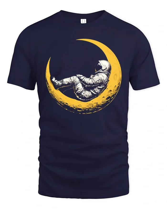 Astronaut Relaxing Sitting On Crescent Moon T-Shirt - navy t-shirt on white background