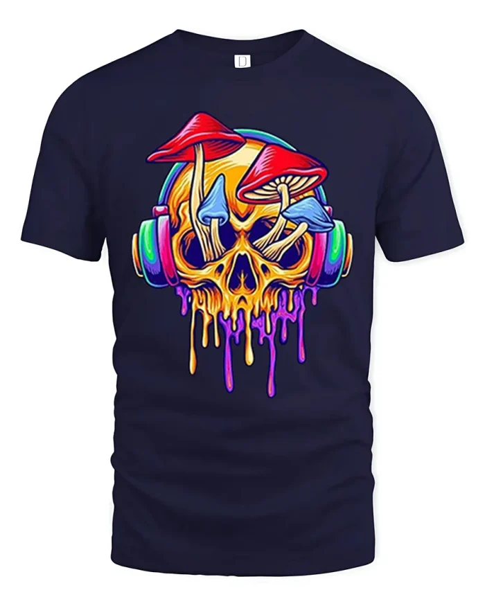 Trippy Skull Mushrooms Headphones Art T-Shirt - navy t-shirt on white background