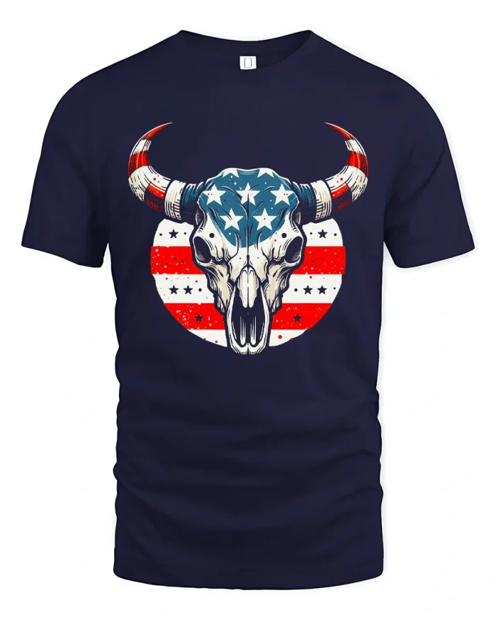 American Flag Bull Skull Patriotic Western Art T-Shirt - navy t-shirt on white background