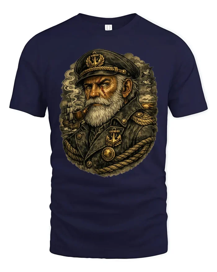 Vintage Old Sea Captain Pipe Smoking Sailor Art T-Shirt - navy t-shirt on white background