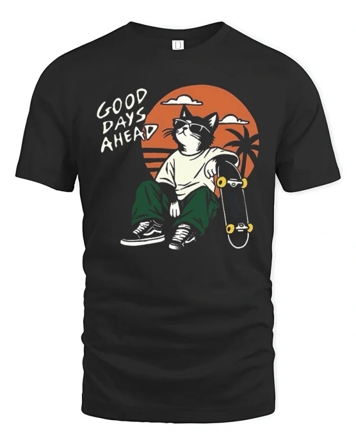 Good Days Ahead Skater Cat Retro Sunset Art T-Shirt - black t-shirt on white background