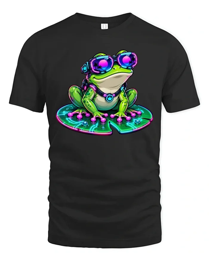Cool Cyberpunk Neon Frog Lily Pad DJ Art T-Shirt - black t-shirt on white background