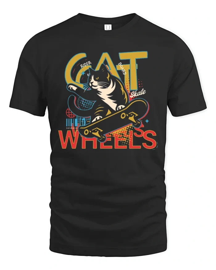 Cat Wheels Skateboarding Black And White Cat Art T-Shirt - black t-shirt on white background