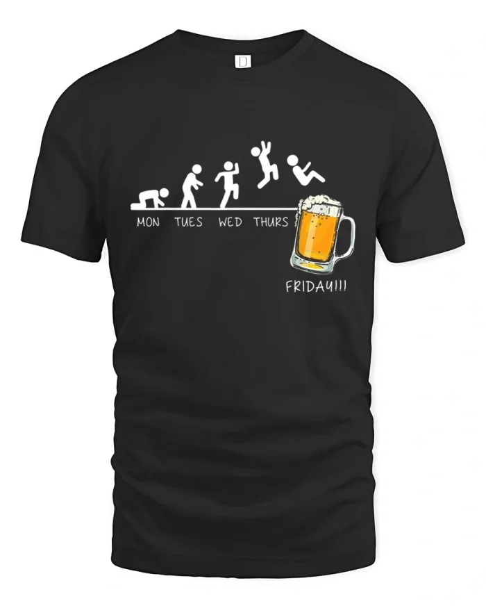 Friday Beer Drinking Week Progression Funny Art T-Shirt - black t-shirt on white background
