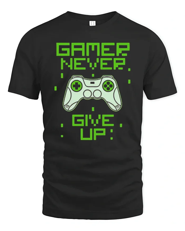Gamer Never Give Up Controller Green Pixel Art T-Shirt - black t-shirt on white background