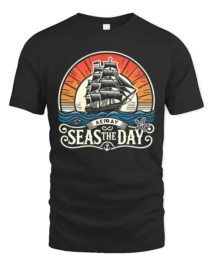 Seas The Day Retro Sailing Ship Nautical Art T-Shirt - black t-shirt on white background