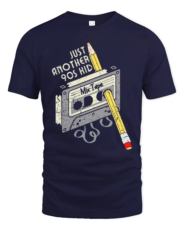 Just Another 90s Kid Cassette Tape Art T-Shirt - navy t-shirt on white background