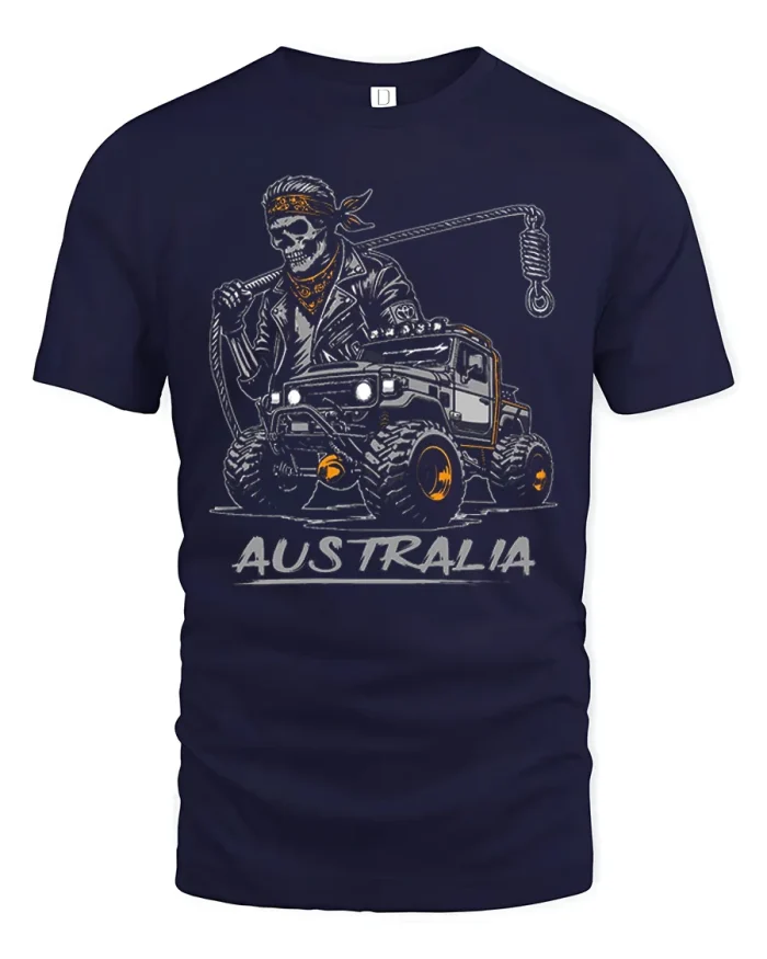 Australia Off Road Skull Truck Driver Art T-Shirt - navy t-shirt on white background